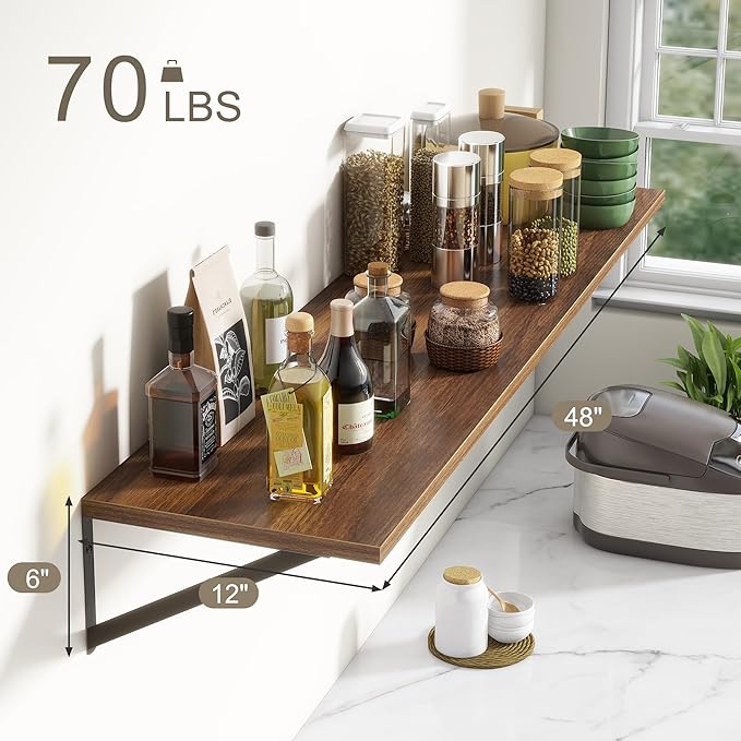 12 Inch Deep Floating Shelves,48W x 12D Floating Shelves, Deep Wall Shelves Bracket Set of 2, Large Display Floating Shelf for Bathroom, Living Room, Wide Storage Wooden Wall Shelf, Walnut-CasaMuseHome