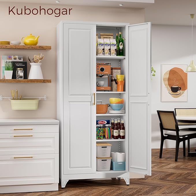 75" Kitchen Pantry Cabinet, White Metal Storage Cabinets with 2 Doors and 4 Adjustable Shelves, Tall Pantry Storage Cabinet for Kitchen, Dining Room, Living Room-CasaMuseHome