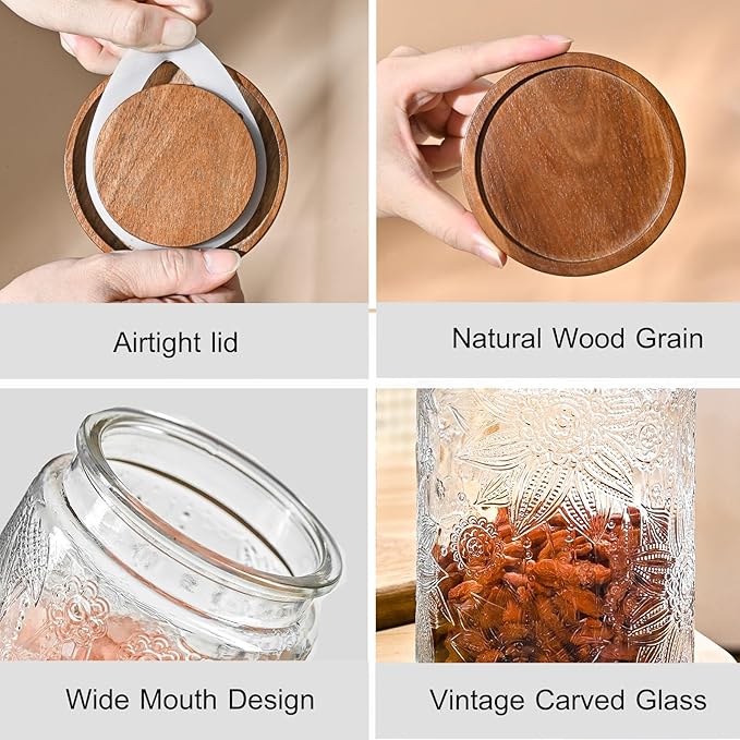 3-Pack 32oz Vintage Glass Jar With Lid, Glass Storage Containers, Airtight Kitchen Storage Containers For Sugar, Coffee, Tea, Spice, Flour, Candy Cookie, Pasta, Cereal-CasaMuseHome