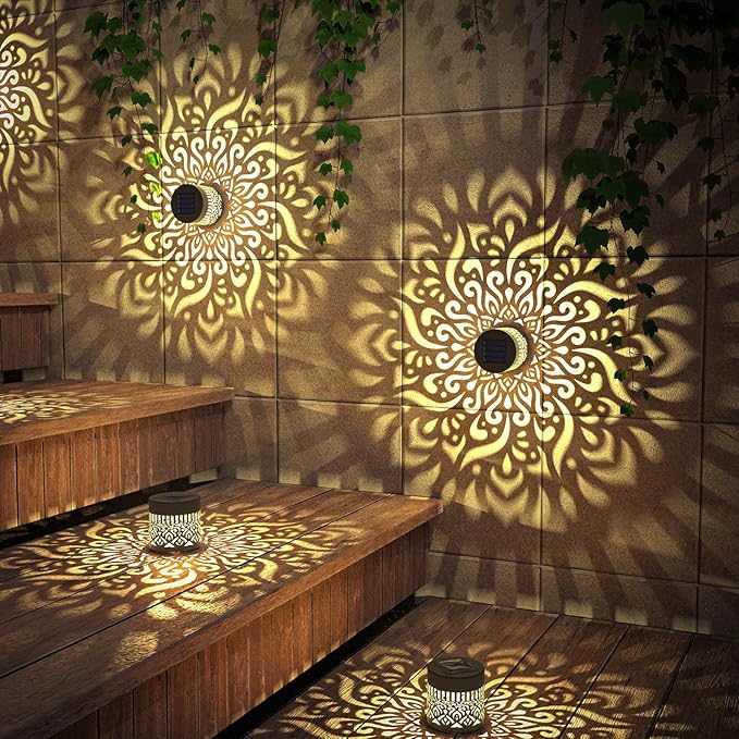 4 Pack Solar Fence Lights Metal Solar Powered Outdoor Wall Deck Step Lights Mandala Theme Waterproof Fence Light for Garden Post Patio Backyard Decor (4 Pack)-CasaMuseHome