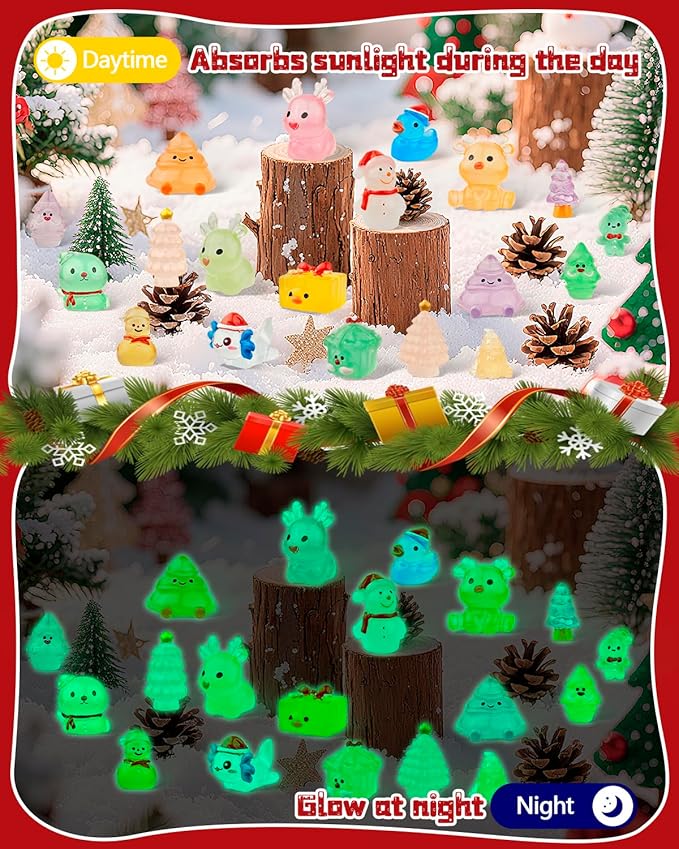75 Pcs Miniature Christmas Figurines - Luminous Mini Resin Figures to Hide, Glow in The Dark Resin Animals for Micro Landscape Aquarium Fairy Garden Dollhouse Decor-CasaMuseHome