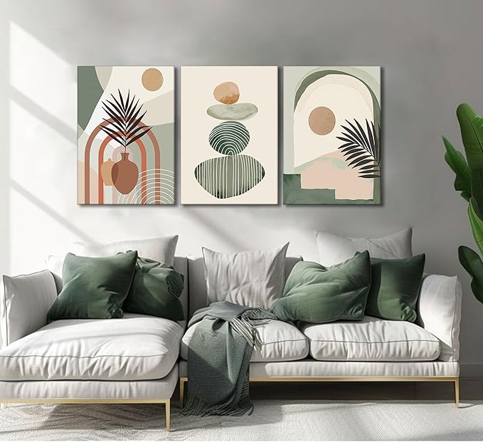 3 Pcs Mid Century Modern Boho Abstract Canvas Wall Art Neutral Green Bohemia Sun and Plant Pictures Wall Decor Posters Print Artwork for Living Room Bedroom Bathroom Office Home Decoration-CasaMuseHome