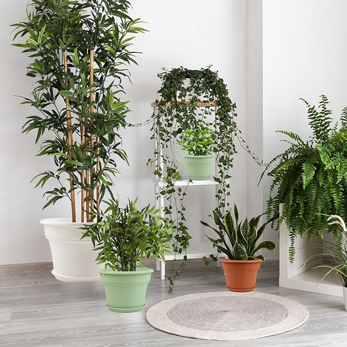 10 Inch Plastic-Flower-Pot-for-Indoor-Plants, 4 Pack Large Outdoor Planter Pot with Drainage Holes & Saucers, Resin Decorative Garden Pots Planters-CasaMuseHome