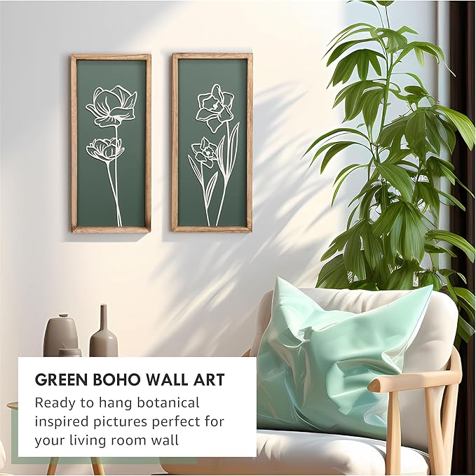 3D Floral Green Wall Art (Set of 2) Lightweight, Wooden Ready-to-Hang Boho Framed Wall Art for Bathroom, Bedroom, Living Room or Office – Premium Sage Green Farmhouse Decor – Gift-Boxed-CasaMuseHome