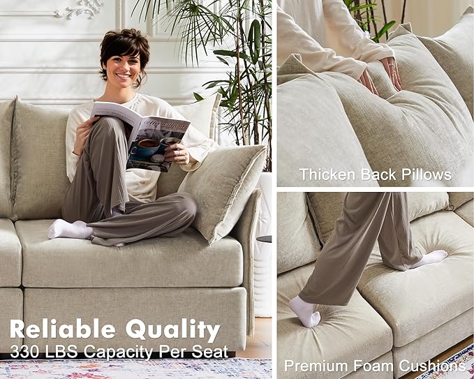 135.5" Oversized Modular Sectional Sofa, L Shaped Convertible Couch with Movable Ottoman, 5 Seat Corner Couches for Living Room Deep Seat Beige Chenille-CasaMuseHome