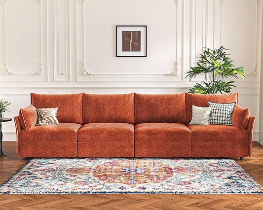 134.6" Modular Sectional Sofa, Oversized 4 Seater Terracotta Orange Couch with Removable Chenille Fabric Cover, Deep Seat & High Backrest for Living Room, Office & Apartment-CasaMuseHome