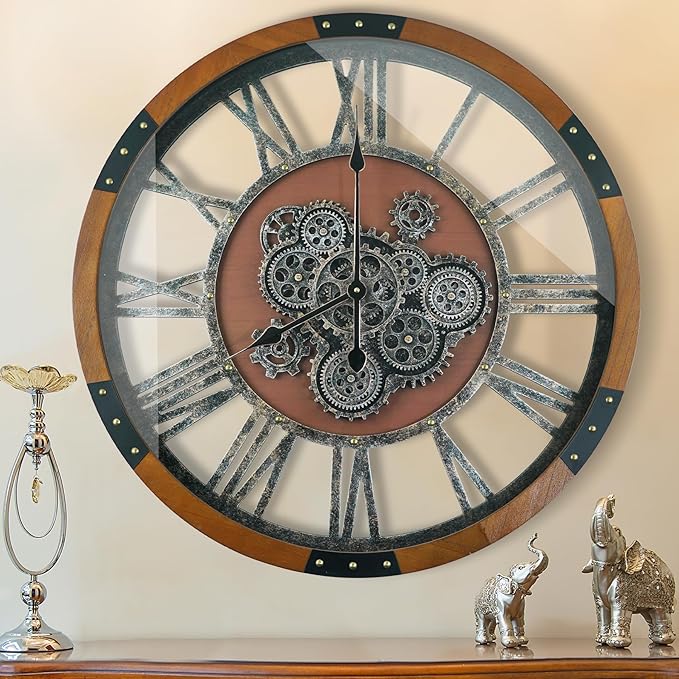 24 Inch Moving Gear Wall Clock, Oversized Wall Clocks, Clock Living Room Decor, Solid Wood Frame, Battery Operated, Large Wall Clock with Steampunk Industrial for Fireplace(Machilus)-CasaMuseHome