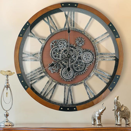 24 Inch Moving Gear Wall Clock, Oversized Wall Clocks, Clock Living Room Decor, Solid Wood Frame, Battery Operated, Large Wall Clock with Steampunk Industrial for Fireplace(Machilus)-CasaMuseHome