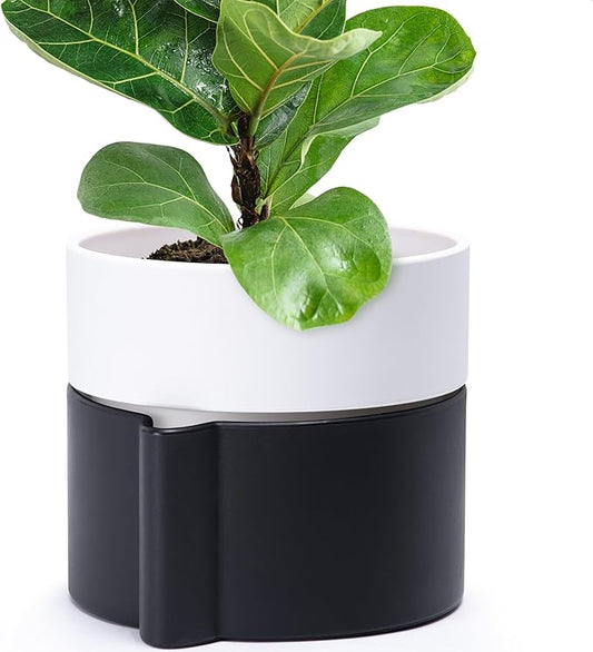8 Inch Self-Watering Planter Pot with Terracotta Insert, Deep Water Reservoir, and Ceramic-Alike BPA-Free Plastic Planter Pot for Plant, Modern Planter for Houseplants, Black/White, 53-C-T-7-CasaMuseHome