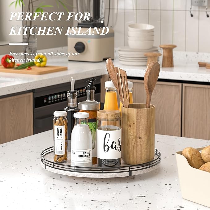 16" Lazy Susan Oak Wood Turntable Organizer for Cabinet, Farmhouse Round Wooden Lazy Susan Organization and Storage for Dining Table, Pantry, Kitchen, Bathroom, Countertop, Cupboard, Kitchen Decor-CasaMuseHome