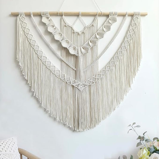 Achart Macrame Wall Hanging Large- Boho Wall Decor- large wall art- Wall Decor Living Room- Macrame Tapestry Boho Decor for Bedroom (Beige-Shells)-CasaMuseHome