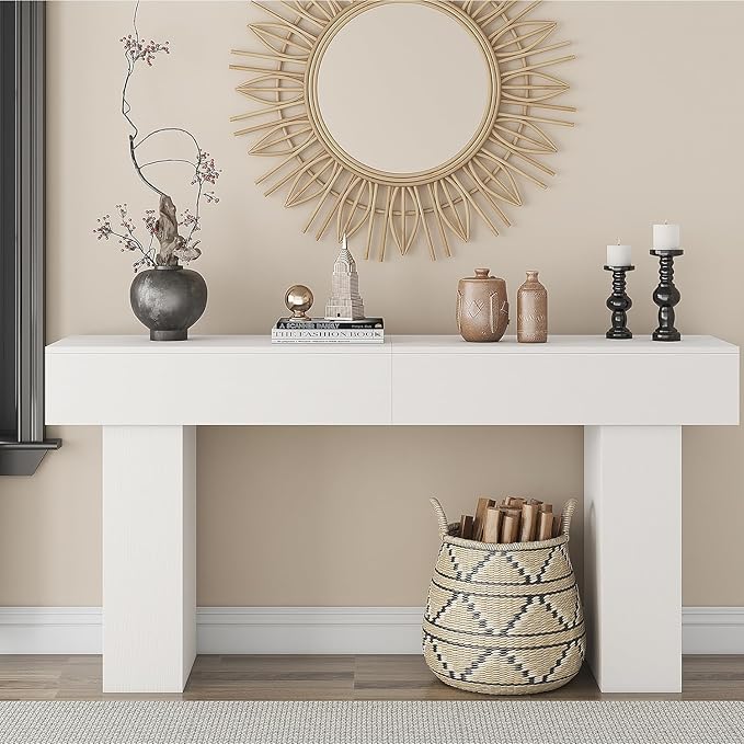 63 Inch Long Console Table for Entryway, Farmhouse Wood Rectangular Sofa Table Behind Couch Table, Narrow Entryway Table for Living Room, Entrance, Hallway, Foyer, Easy Assembly (Classic White)-CasaMuseHome