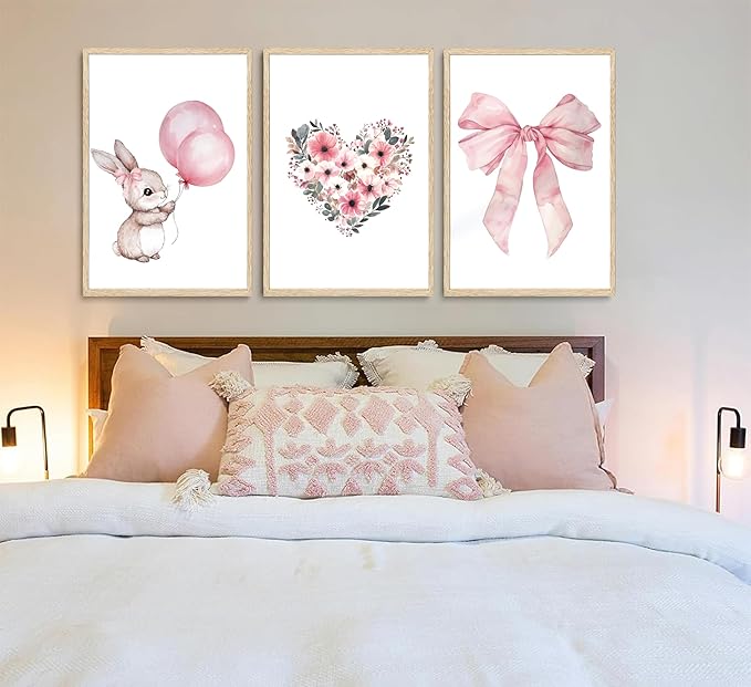 3Pcs Cute Bunny Canvas Wall Art Pink Bow Easter Poster Prints Love Wildflowers Picture Decoration for Nursery Girl Bedroom Children's Room Easter Gifts for Kids Unframed-CasaMuseHome