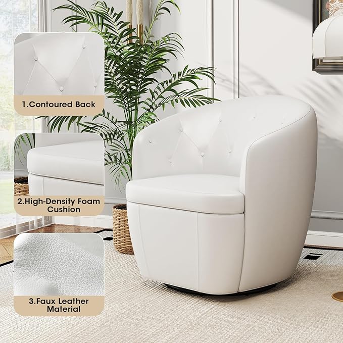 360° Swivel Leather Accent Chair, Modern Barrel Club Chair with Leather Upholstery and Sturdy Base, Comfortable Armchair for Living Room, Bedroom, Reading Nook, White-CasaMuseHome