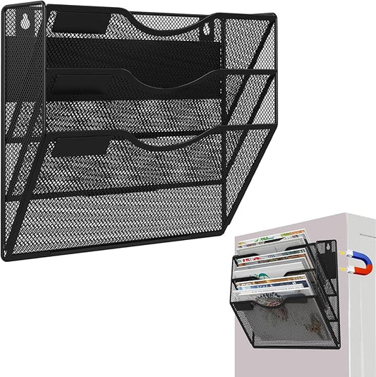 3-Tier Magnetic File Holder, No Drilling Installation File Cabinet Organizer, Black Magnetic File Organizer, Magazine Rack, Magnetic Paper Holder for Refrigerator, File Cabinets, Whiteboard-CasaMuseHome