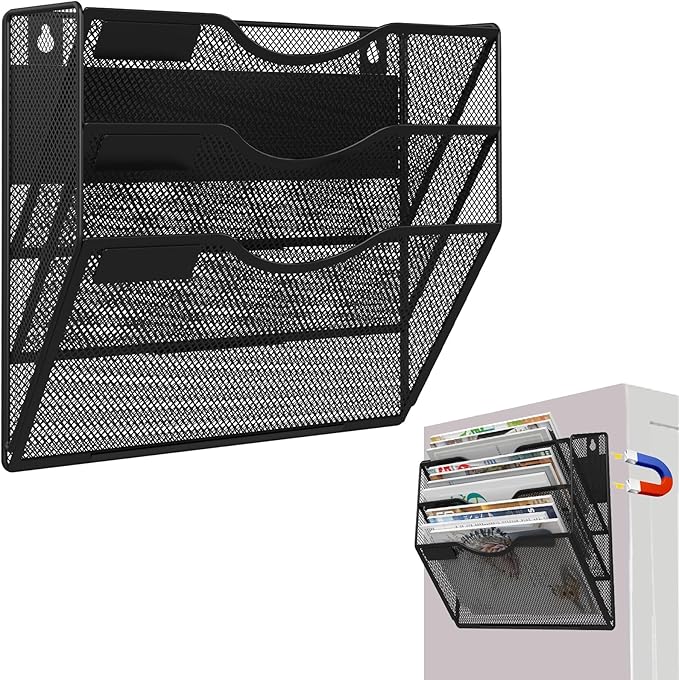 3-Tier Magnetic File Holder, No Drilling Installation File Cabinet Organizer, Black Magnetic File Organizer, Magazine Rack, Magnetic Paper Holder for Refrigerator, File Cabinets, Whiteboard-CasaMuseHome