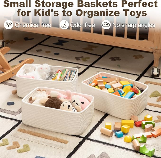 3 Pack Small Storage Baskets for Organizing, Cute Woven Decorative Gift Baskets for Shelves, Mini Closet Organizer Bins with Handles-13''Lx8.66''Wx5.11''H-White-CasaMuseHome