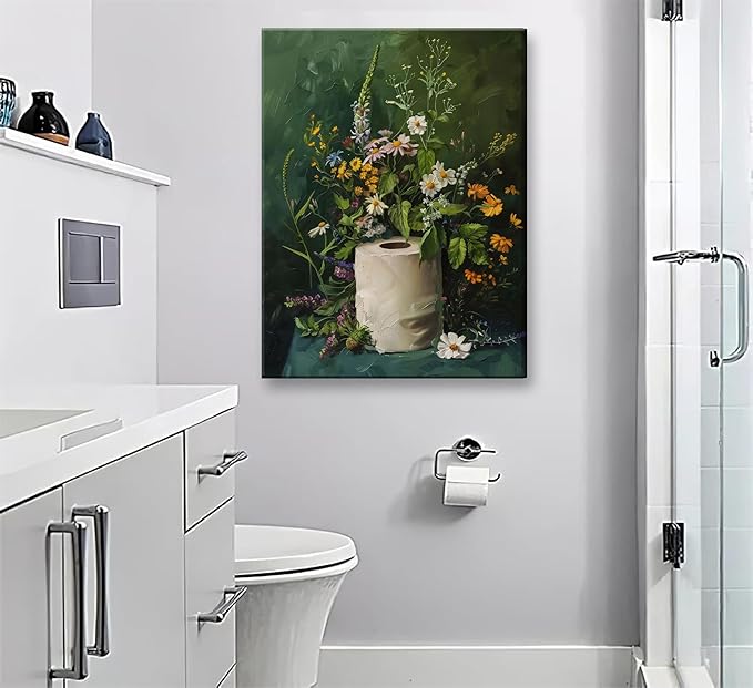 3Pcs Framed Vintage Dark Green Bathroom Wall Art Shower Toilet Paper Roll Floral Poster Print Modern Farmhouse plants Painting Picture Wall Decor For Bathroom Living Room Decoration-CasaMuseHome