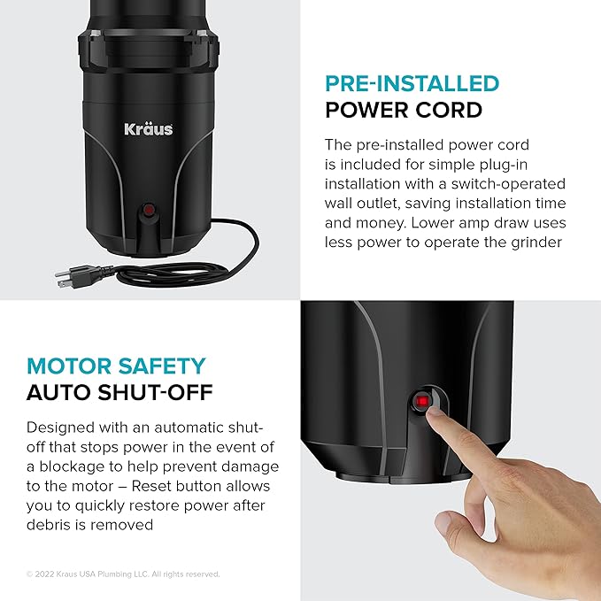 KRAUS WasteGuard 1/3 HP Ultra-Quiet Garbage Disposal with Quick Connect, Kitchen Sink Drain Cover, Power Cord and Flange Included, KWD100-33MBL