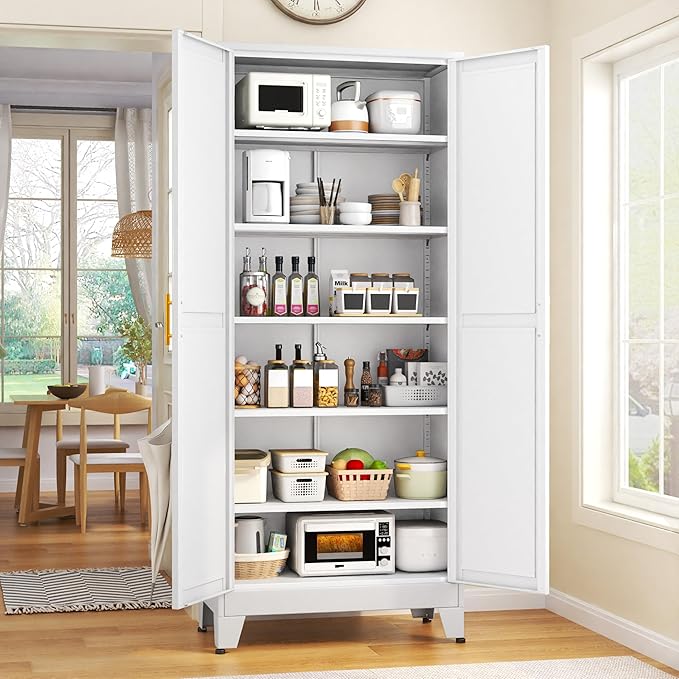 75.2" Tall Pantry Cabinet, Kitchen Pantry Storage Cabinets with 2 Door and 5 Adjustable Shelves, White Metal Pantry Storage Cabinet, Cupboard for Kitchen, Dining Room, Living Room and Bathroom-CasaMuseHome