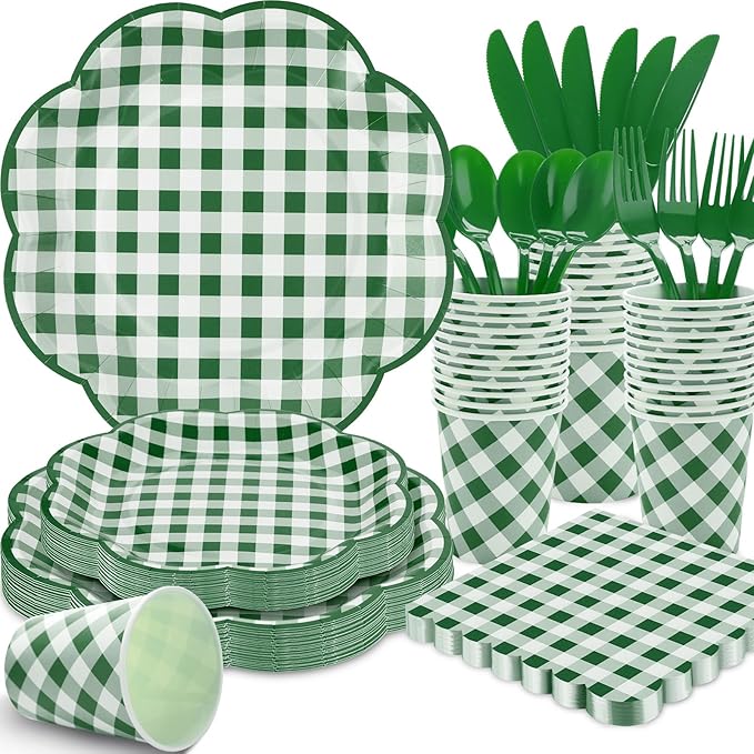 175 Pcs Green Gingham Plates and Napkins Party Supplies - Green and White Checkered Plates Sets Serve 25 Guests - Scalloped Gingham Paper Plate for Birthday Picnic BBQ Golf Party Decorations-CasaMuseHome