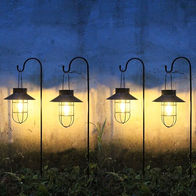 4 Pack Hanging Solar Lantern Lights with Shepherd Hook, Metal Waterproof Warm White Edison Bulb Lights for Garden Outdoor Pathway-CasaMuseHome