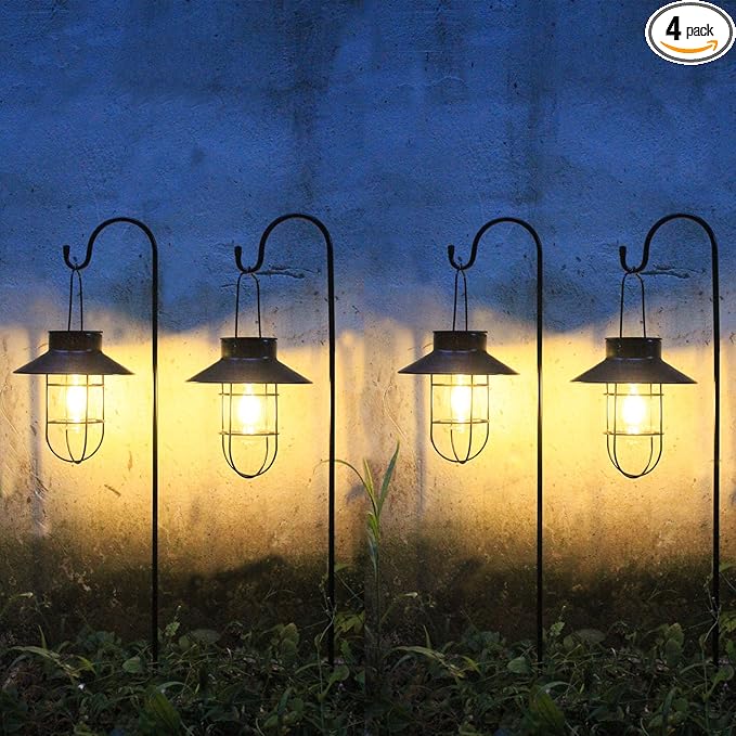 4 Pack Hanging Solar Lantern Lights with Shepherd Hook, Metal Waterproof Warm White Edison Bulb Lights for Garden Outdoor Pathway-CasaMuseHome