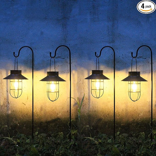 4 Pack Hanging Solar Lantern Lights with Shepherd Hook, Metal Waterproof Warm White Edison Bulb Lights for Garden Outdoor Pathway-CasaMuseHome