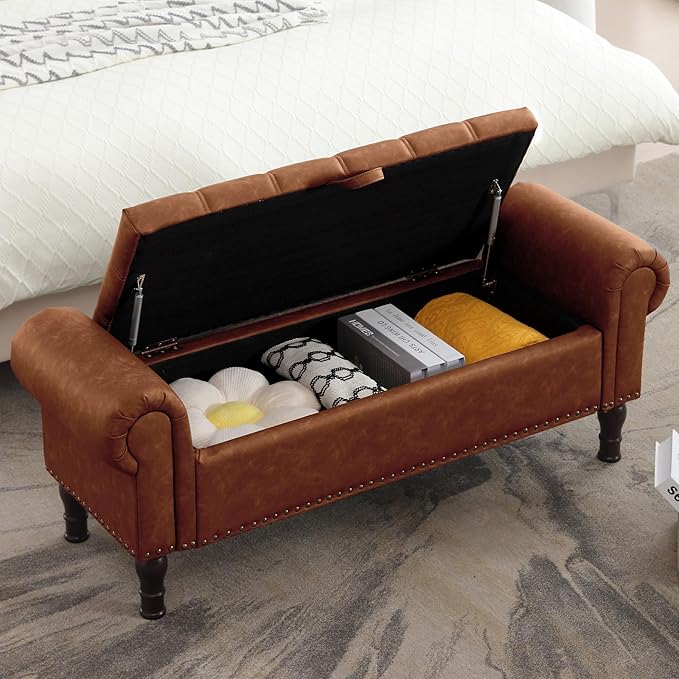 51" Storage Ottoman Bench for Bedroom, Full Queen Storage Bench with Button, Upholstered Bedroom Bench with Rolled Arms for Living Room, Storage Room, Entryway, Brown-CasaMuseHome