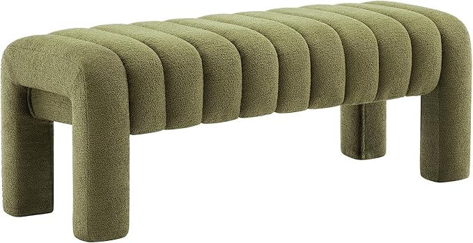 43.3" Bedroom Bench, Upholstered Entryway Bench, Modern End of Bed Ottoman with Solid Wood Legs and Adjustable Foot Pegs for Entryway, Dining Room and Living Room (Green Boucle)-CasaMuseHome
