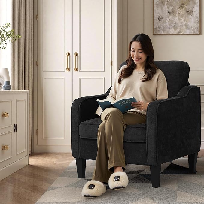 Accent Chair for Living Room, Mid Century Modern Reading Chair for Bedroom, Upholstered Armchair with Side Pockets, Comfy Single Sofa Side Chair for Office, Apartment, Small Room, Black-CasaMuseHome