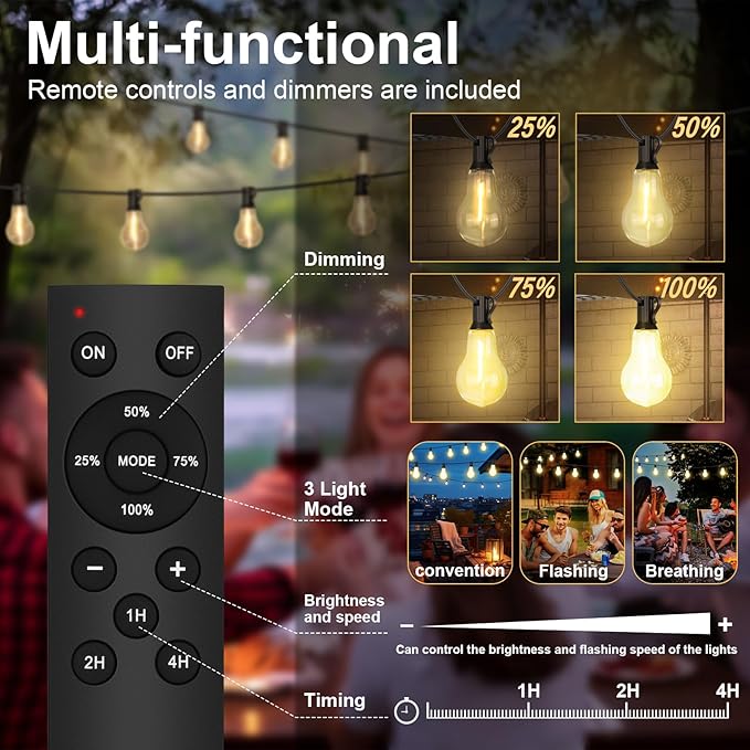 75FT Outdoor String Lights Waterproof with 50+4 Bulbs (1.5FT Bulbs Spacing), Remote & Dimmer, Commercial Patio String Lights with 3 Mode Light & Timing, 100PC Mounting Ties for Outside-CasaMuseHome