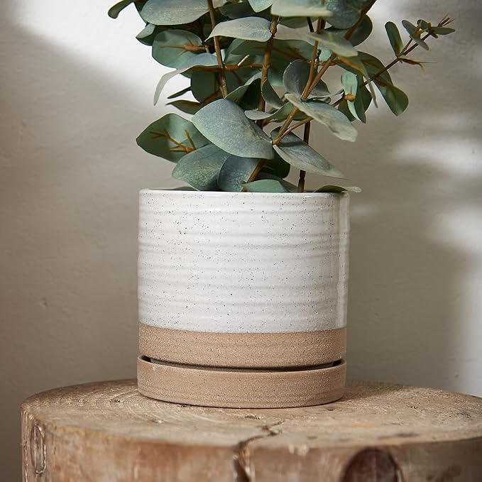 6 Inch Plant Pots, Ceramic Planter Pot with Drainage Hole & Saucer, Indoor/Outdoor Cylinder Round Planter Pot, White & Beige Glaze-CasaMuseHome