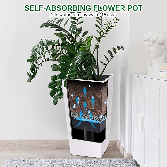 30" Tall Planters Set of 2, Outdoor＆Indoor Black Planter Pots, High Front Porch Planter Pots with Drainage Holes＆Water Level Monitor Movable Wheels ＆Inner Bucket, Automatic Watering, White-CasaMuseHome