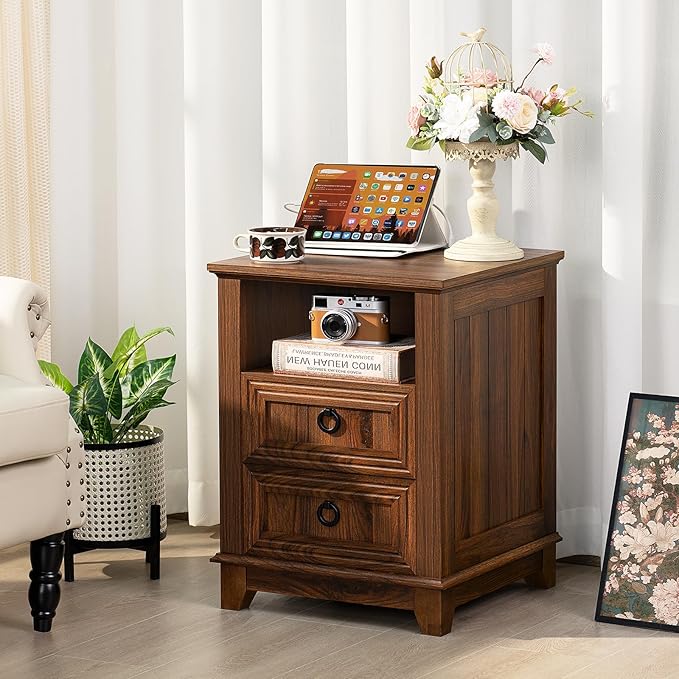 18" Farmhouse Night Stands Set of 2 with Charging Station, 2 Drawers End Table Dresser for Bedroom, Brown Wooden Nightstand, Bed Side Table with Open Shelf, Bedside Cabinet for Living Room-CasaMuseHome