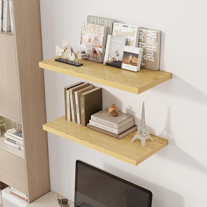 30" Floating Shelves for Wall, 12" Deep Slim Oak Floating Shelves, Wall-Mounted Shelves for Bedroom, Living Room, Kitchen, Bathroom - Set of 2-CasaMuseHome