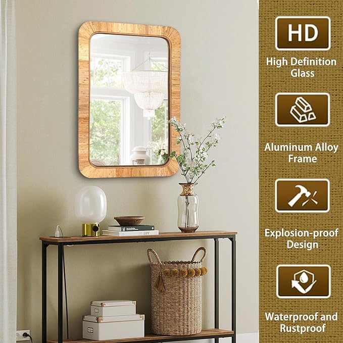 24x36 inch Rattan Rectangular Mirror for Wall, Bohemia Bathroom/Farmhouse Boho Mirrors, Vanity Irragular Decorative Mirror, Suitable for, Nursery, Bedroom, Living Room, Home Decoration-CasaMuseHome
