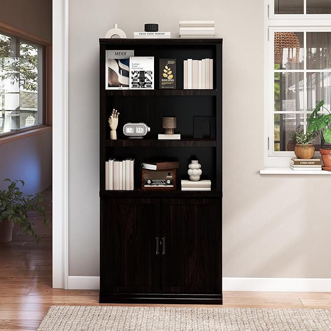 70 Inch Tall Bookcase with Doors, Library Office Bookshelf with Adjustable Shelves, Floor Standing Storage Cabinet for Bedroom Living Room Organizer with Anti Tipping Kit, Dark Cherry Finish-CasaMuseHome