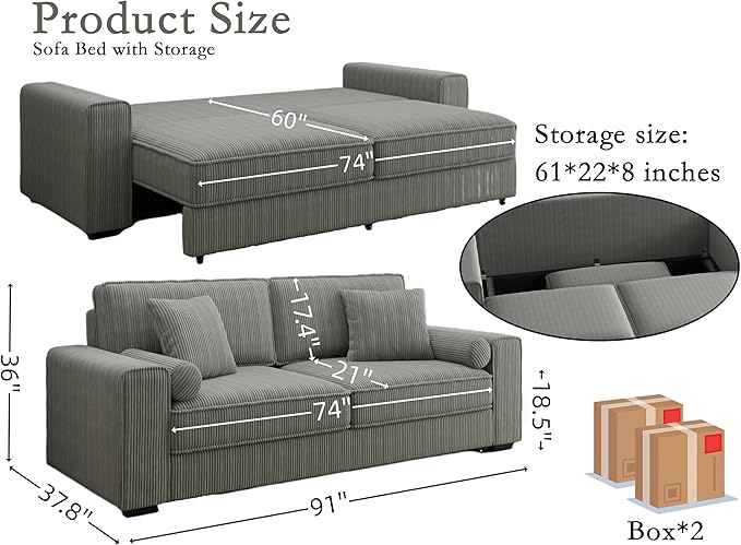 91-Inch Corduroy Pull Out Couch with Storage, Convertible Queen Sleeper Sofa with Pull Out Bed, Hide a Bed Couches for Bedroom, Guest Room, Apartment, Small Places, RV (Grey)-CasaMuseHome