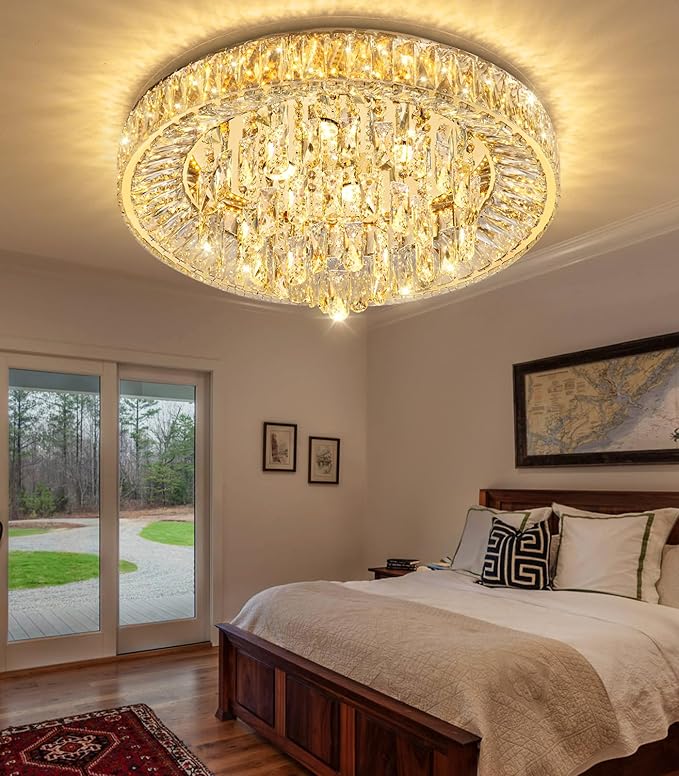 23.6'' Modern Crystal Chandeliers LED Dimmable Flush Mount Ceiling Chandeliers for Living Room Entrance Foyer Bedroom Gold-CasaMuseHome
