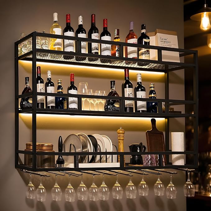 59" Large Wine Rack Wall Mounted with Bottle Glass Holder, 3-Tiers Metal Liquor Floating Shelves with LED Light, Wall Bar Shelf for Home, Restaurant, Commercial Bar, Kitchen Storage Display-CasaMuseHome