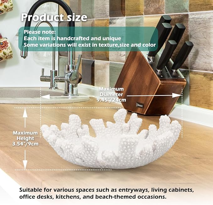 Accessoryway White Coral Textured Decorative Bowl,9.45" Medium Resin Decorative Centerpiece Bowl for Coastal Beach theme house table centerpiece decorations & Nautical decorations for coffee table-CasaMuseHome