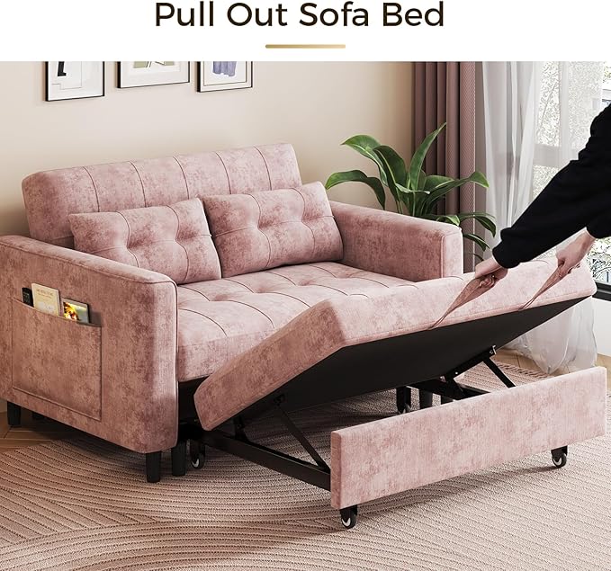 3 in 1 Convertible Sleeper Sofa Bed, Pull Out Couch Bed with Adjustable Backrest, Chenille Loveseat Couches with Side Pocket for Living Room, Bedroom (Pink)-CasaMuseHome