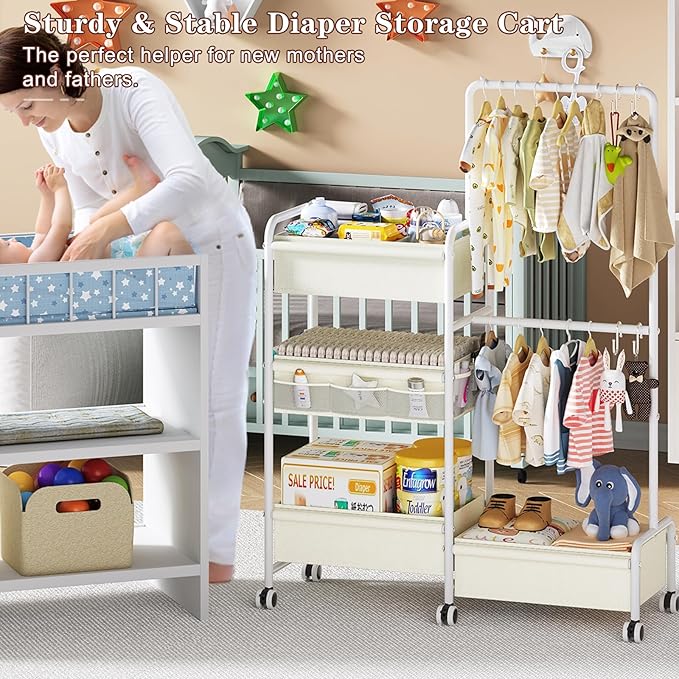 2in1 Baby Diaper Caddy & Clothes Organizer and Storage Rolling Cart, Large Capacity Nursery Organization For Baby Dresser,Changing Table, Crib, With 2 Dividers & 7 Pockets,White-CasaMuseHome