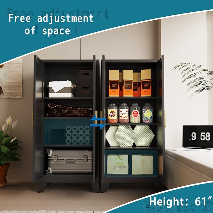 61" Tall Farmhouse Metal Pantry Cabinet, Kitchen Pantry Storage Cabinets with 2 Barn Door and Adjustable Shelves,Metal Pantry Storage Cabinet,for Kitchen,Laundry Room,Home Office,Kids Room (Black)-CasaMuseHome