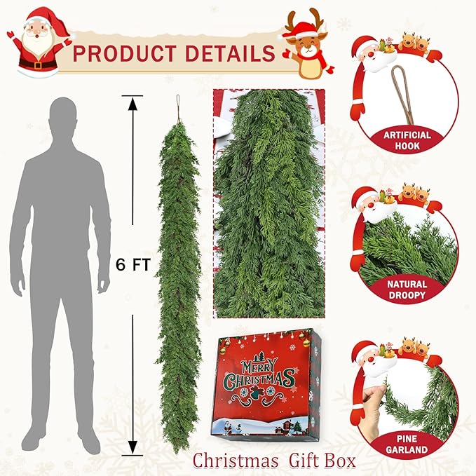 6 Ft Real Touch Christmas Garland,Thick and Lush，Soft Bendable, Lifelike Cedar Garland Realistic, Garlands for Decoration Christmas，Christmas Garland for Mantle,Outdoor Indoor Christmas Decorations-CasaMuseHome