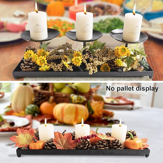 3 Pillar Black Metal Candle Holders for Table Centerpiece, Fall Thanksgiving & Halloween Dining Table, Fireplace Mantel Decor, Tray Candlestick for Living Room Rustic Decorations-CasaMuseHome
