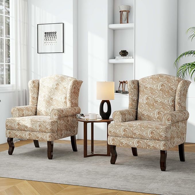 Accent Chair, High Back Upholstered Armchair with High Resilience Sponge & Wood Legs, Mid-Century Modern Comfy Single Sofa Reading Chairs for Living Room, Bedroom (Floral Sand, Set of 1)-CasaMuseHome