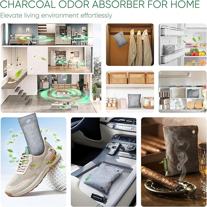 Activated Charcoal Odor Absorber, Odor Eliminator for Strong Odor,Bamboo Charcoal Air Purifying Bags for Home Car Closet Pet, Smoke Room Deodorizer (10 x 100g, Unscented)-CasaMuseHome