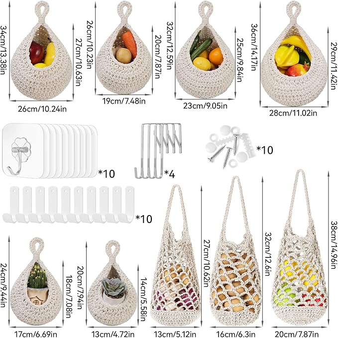 AARAINBOW Boho Wall Hanging Baskets for Kitchen Storage, Fruit Woven Wall Basket 9 Pcs, Hanging Vegetable and Onion Storage with 24 Hooks （White）-CasaMuseHome